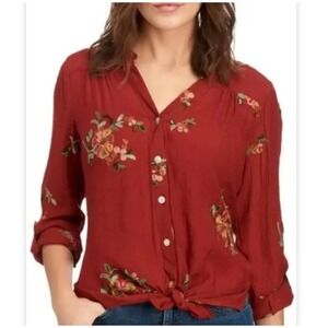 Fig and Flower Anthropologie Pink Floral Embroidered Button Down Blouse 3X